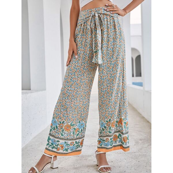 

Floral Print Belted Wide-leg Pants, Multicolor