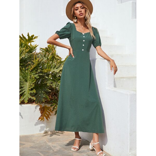 

Polka Dot A-line Dress, Dark green