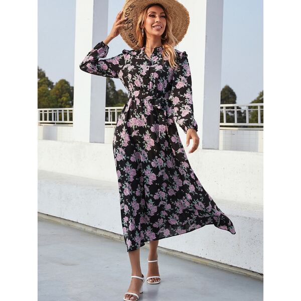 

Floral Bishop Sleeve Belted Shirt Dress, Multicolor