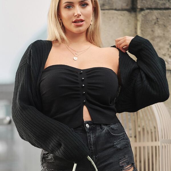 

Plus Rib-knit Crop Cardigan Without Tube Top, Black