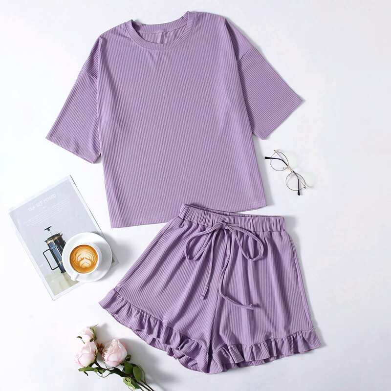 

Rib-Knit Ruffle Hem Knot Lounge Set, Violet purple