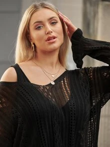 Plus Ruffle Hem Drop Shoulder Sheer Sweater - Black - View 3