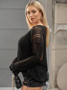 Plus Ruffle Hem Drop Shoulder Sheer Sweater - Black - View 4
