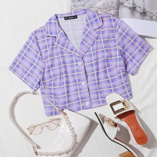 

Plus Notched Collar Buttoned Front Plaid Blouse, Multicolor