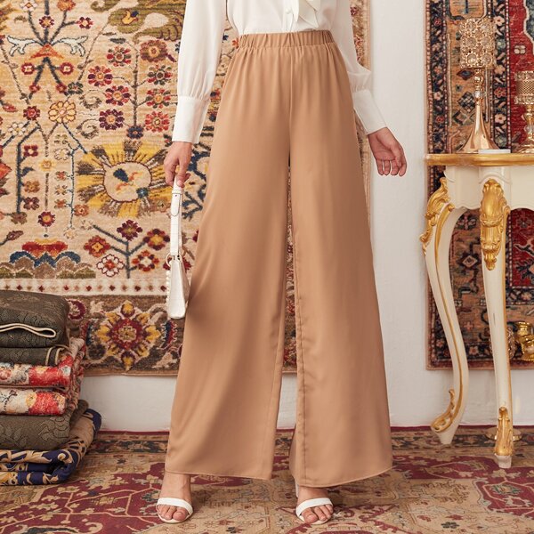 

Elastic Waist Solid Palazzo Pants, Camel
