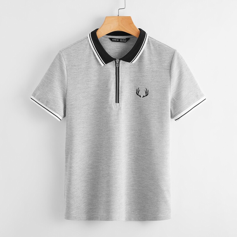 

Embroidery Graphic Half Zipper Placket Ringer Tee, Light grey