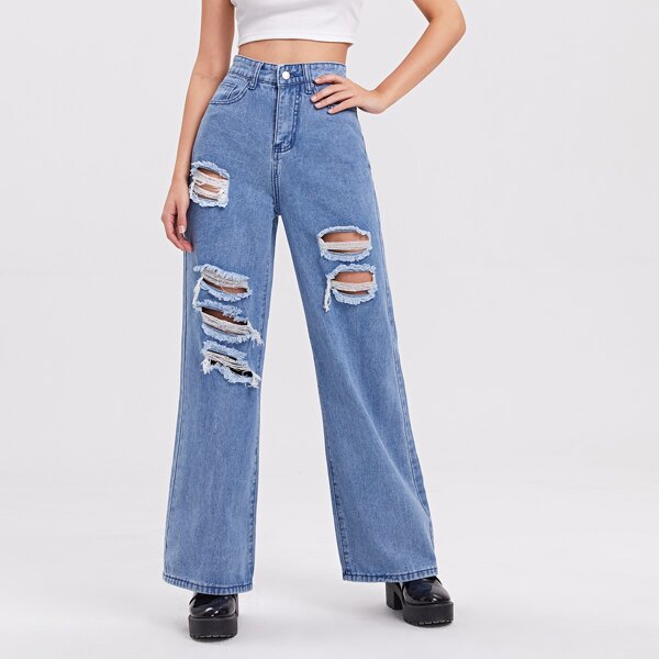 

Ripped Zipper Fly Wide Leg Jeans, Medium wash
