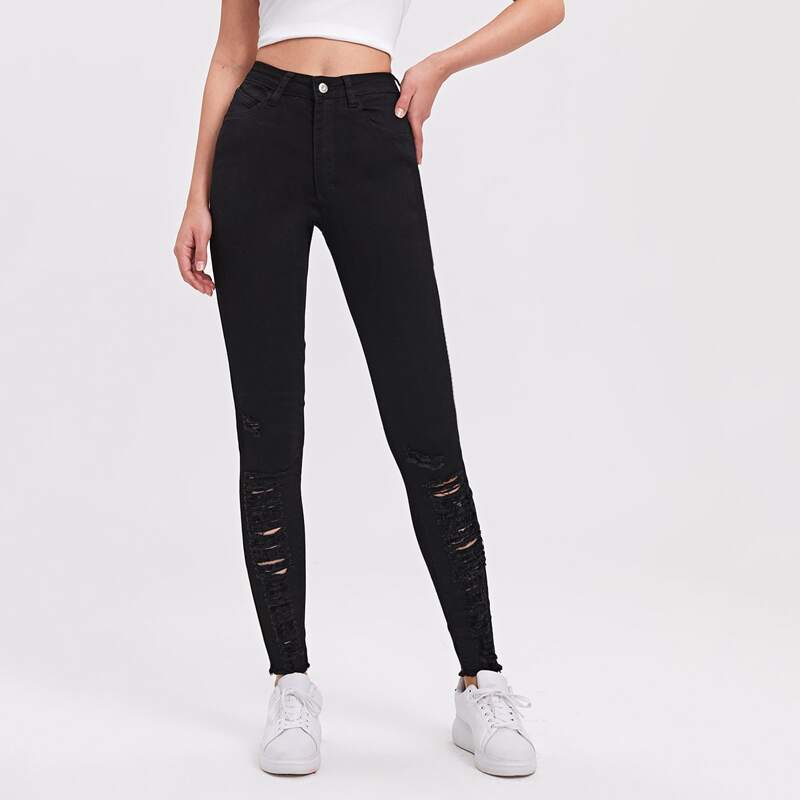 

High Waist Ripped Skinny Jeans, Black