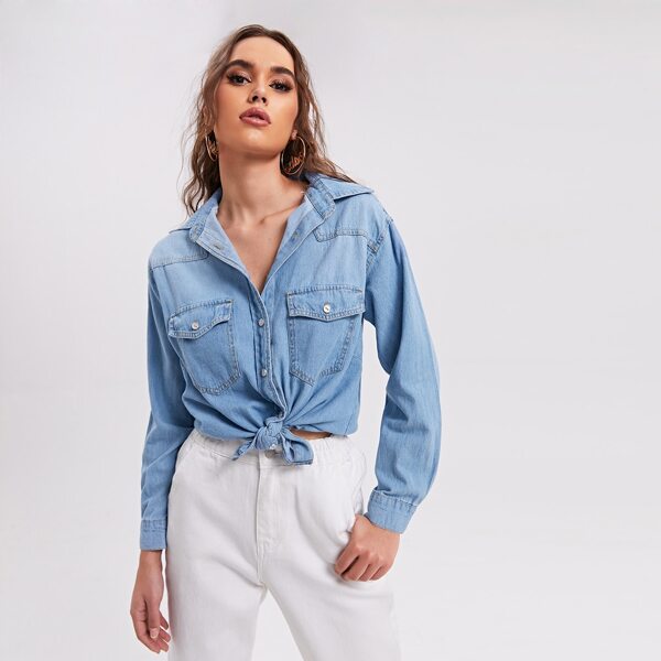 

Button Up Denim Blouse, Light wash