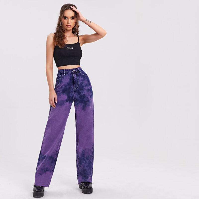 

High Waist Tie Dye Straight Jeans, Purple