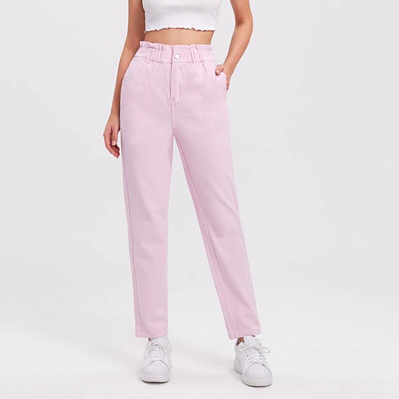 

Paper Bag Waist Solid Jeans, Baby pink