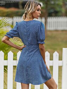 Vestido escote V de lunares - Azul y blanco - Ver 2