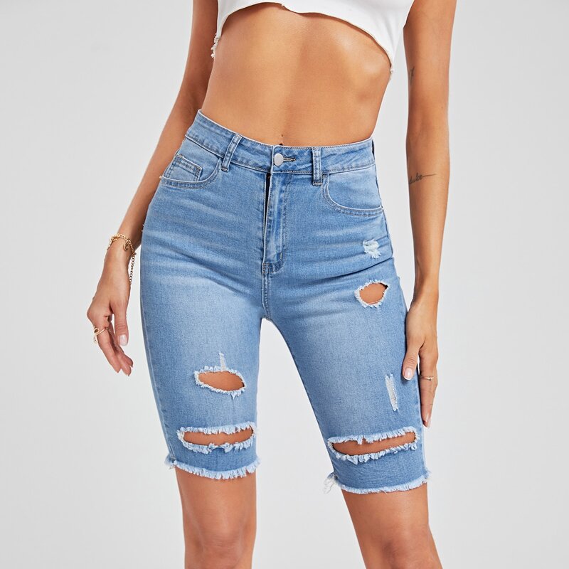 

High Waist Ripped Bermuda Denim Shorts, Light wash