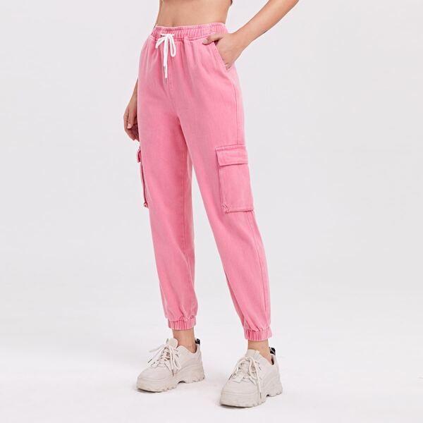 

Flap Pocket Drawstring Cargo Jeans, Pink