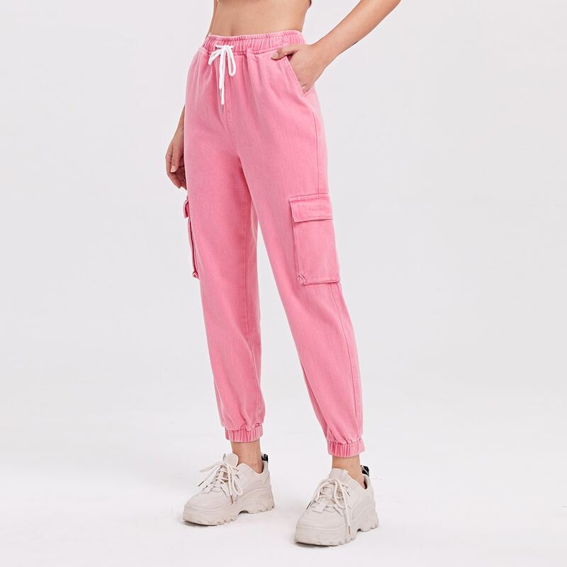 

Flap Pocket Drawstring Cargo Jeans, Pink