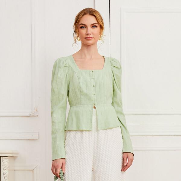 

Button Front Gigot Sleeve Peplum Top, Lime green