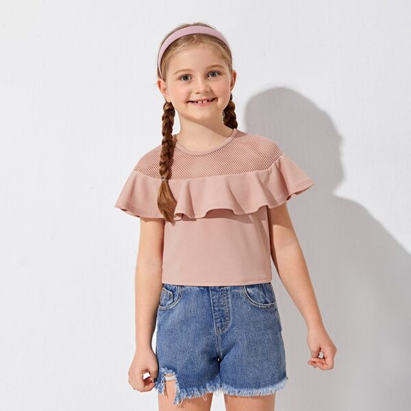 

Girls Mesh Yoke Ruffle Trim Crop Top, Dusty pink