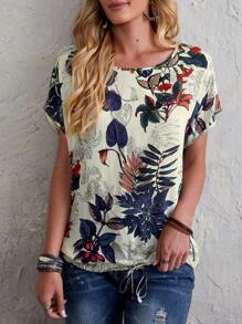 EMERY ROSE Plants Print Drawstring Hem Batwing Sleeve Blouse - Multicolor - View 1