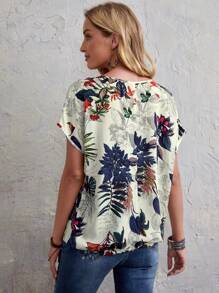 EMERY ROSE Plants Print Drawstring Hem Batwing Sleeve Blouse - Multicolor - View 2