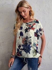 EMERY ROSE Plants Print Drawstring Hem Batwing Sleeve Blouse - Multicolor - View 3