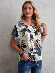 EMERY ROSE Plants Print Drawstring Hem Batwing Sleeve Blouse - Multicolor - View 4