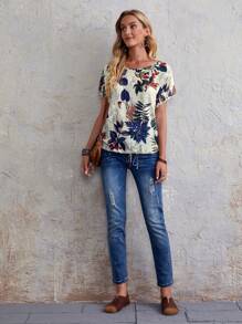 EMERY ROSE Plants Print Drawstring Hem Batwing Sleeve Blouse - Multicolor - View 5