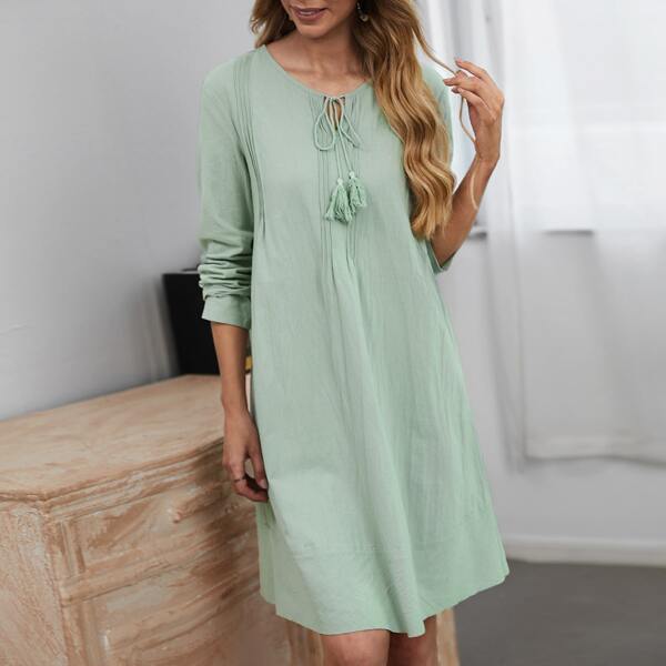

Solid Tie Neck Tunic Dress, Mint green