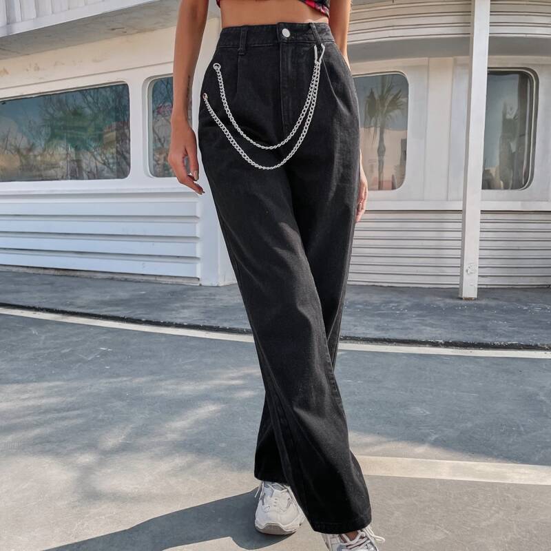 

Solid Straight Leg Jeans With Chain, Black