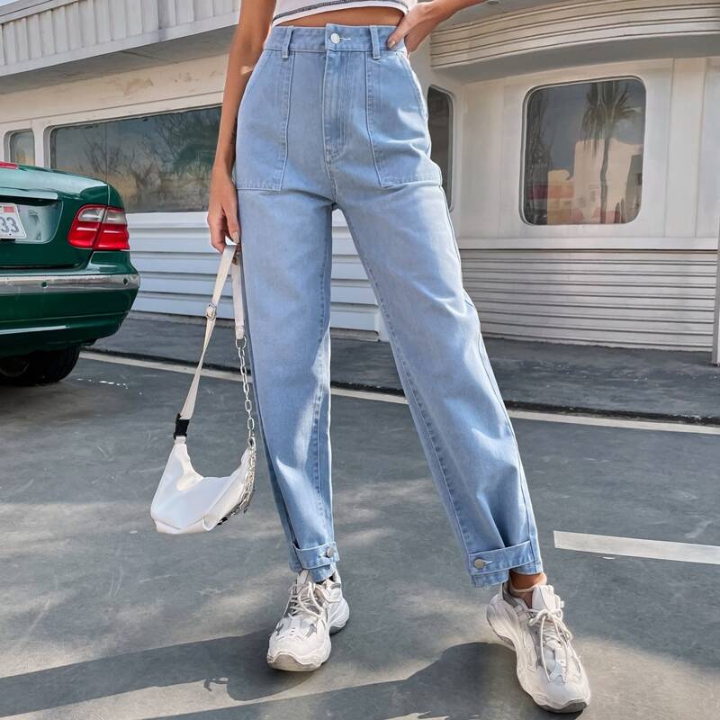 

Knot Hem Slant Pocket Jeans, Light wash