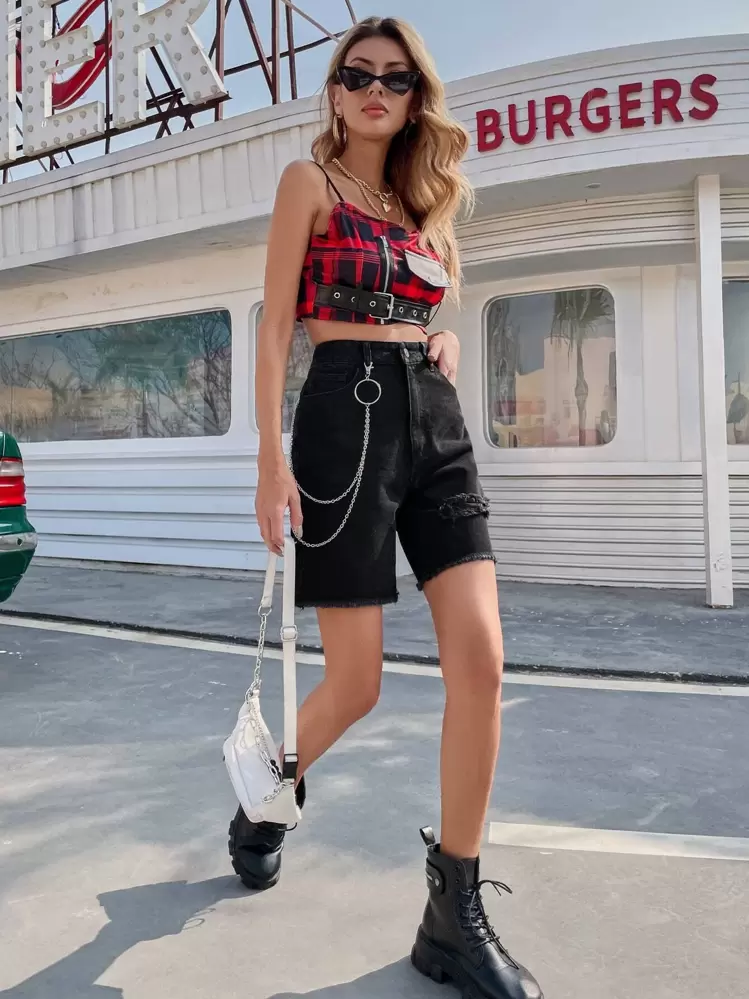 ダメージ デニムショートパンツ チェーン付き | SHEIN JAPAN