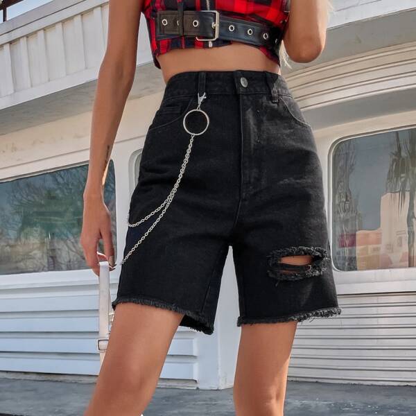 

Ripped Denim Shorts With Chain, Black