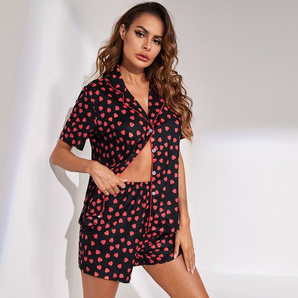 

Allover Heart Print Pajama Set, Multicolor