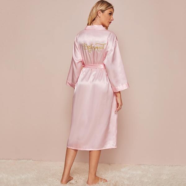 

Satin Letter Embroidery Belted Night Robe, Baby pink