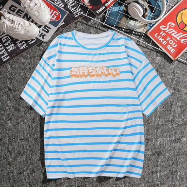 

Men Japanese Letter Graphic Stripe Tee, Blue and white