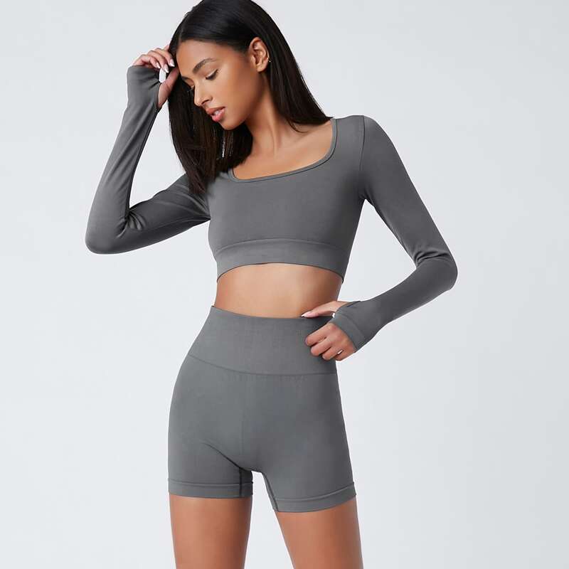 

Seamless High Stretch Crop Sports Tee With Biker Shorts, Dark grey