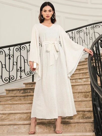 Flounce Sleeve Belted Gold Print Dress