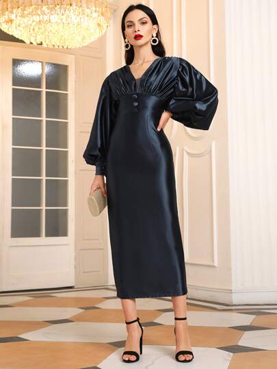 SHEIN Lantern Sleeve Button Front Ruched Slit Hem Dress