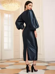 SHEIN 燈籠袖紐扣抽褶開衩洋裝 - 藏蓝色 - 查看 2