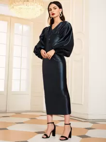 SHEIN 燈籠袖紐扣抽褶開衩洋裝 - 藏蓝色 - 查看 3