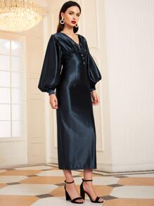 SHEIN 燈籠袖紐扣抽褶開衩洋裝 - 藏蓝色 - 查看 4