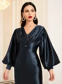 SHEIN 燈籠袖紐扣抽褶開衩洋裝 - 藏蓝色 - 查看 5