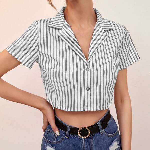 

Lapel Collar Striped Crop Blouse, Multicolor