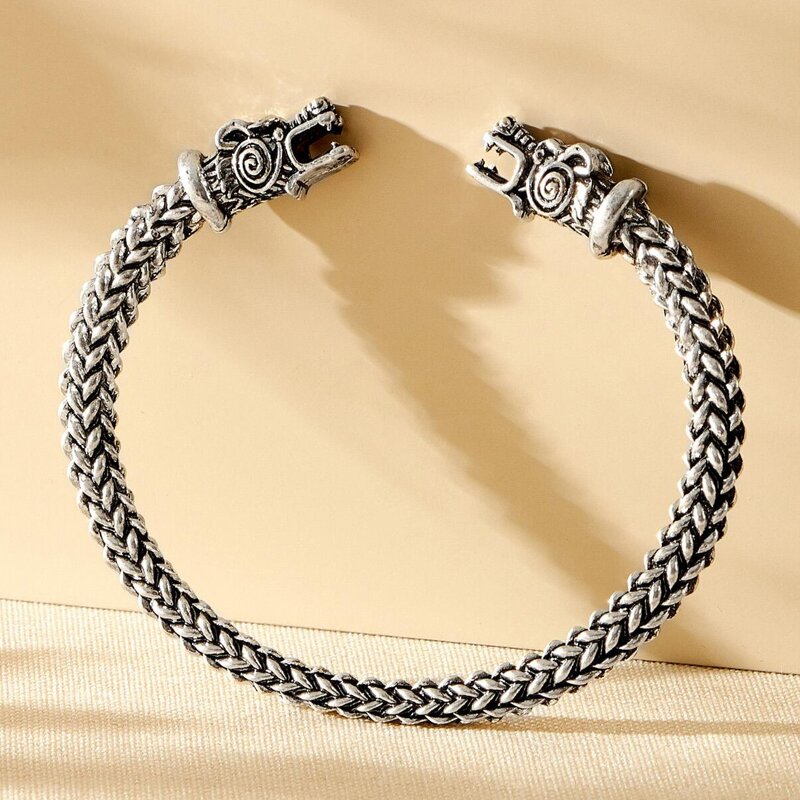 

Guys Dragon Head Decor Cuff Bracelet, Antique silver