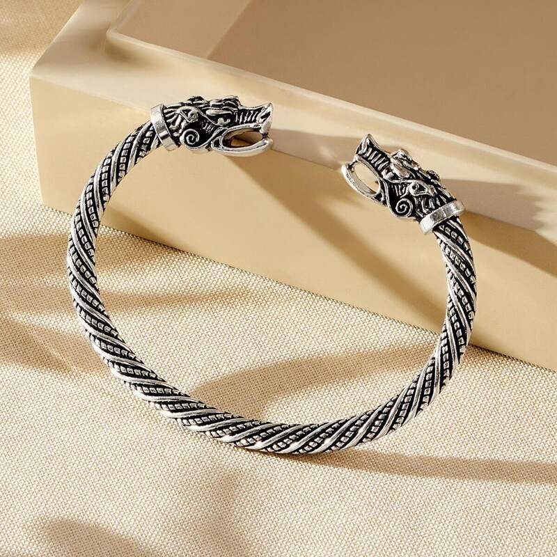 

Guys Dragon Head Decor Cuff Bracelet, Antique silver