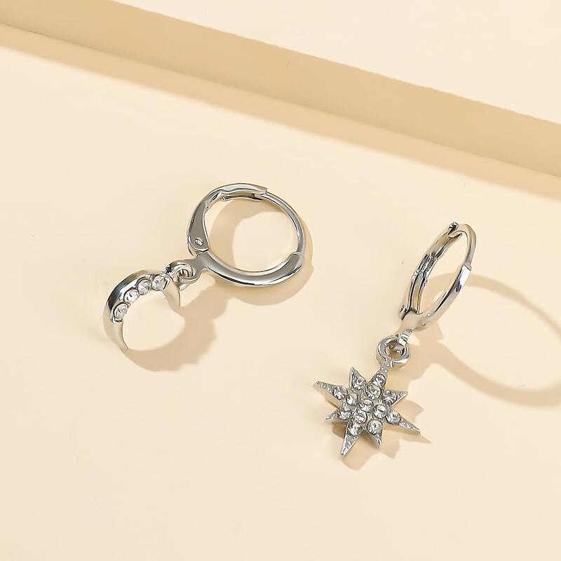 Rhinestone Star & Moon Drop Earrings, Silver