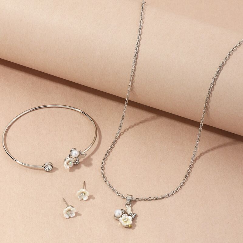 

4pcs Rhinestone Floral Jewelry Set, Silver