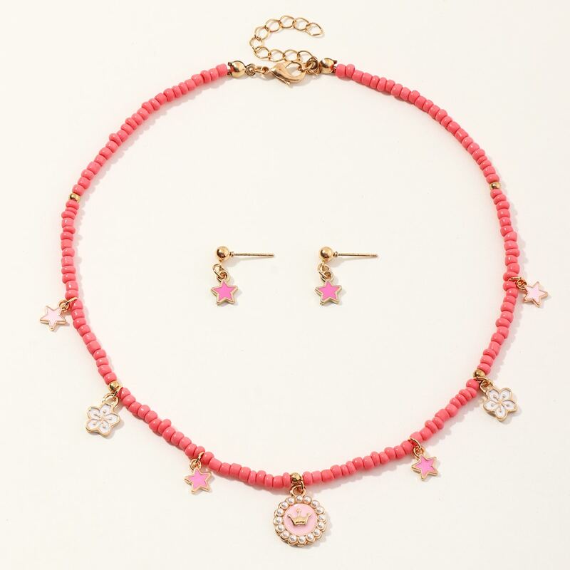 

3pcs Floral & Star Beaded Jewelry Set, Pink
