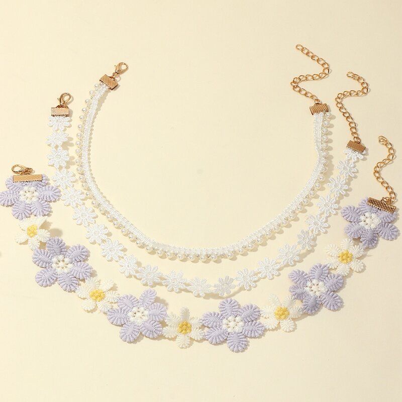 

3pcs Flower & Faux Pearl Decor Lace Choker, Multicolor