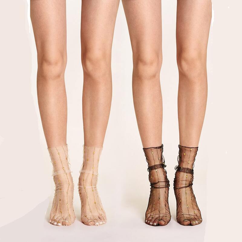 

2pairs Glitter Decor Chiffon Socks, Multicolor