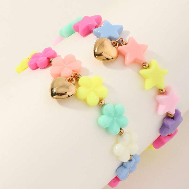 

2pcs Flower & Star Beaded Heart Bracelet, Multicolor
